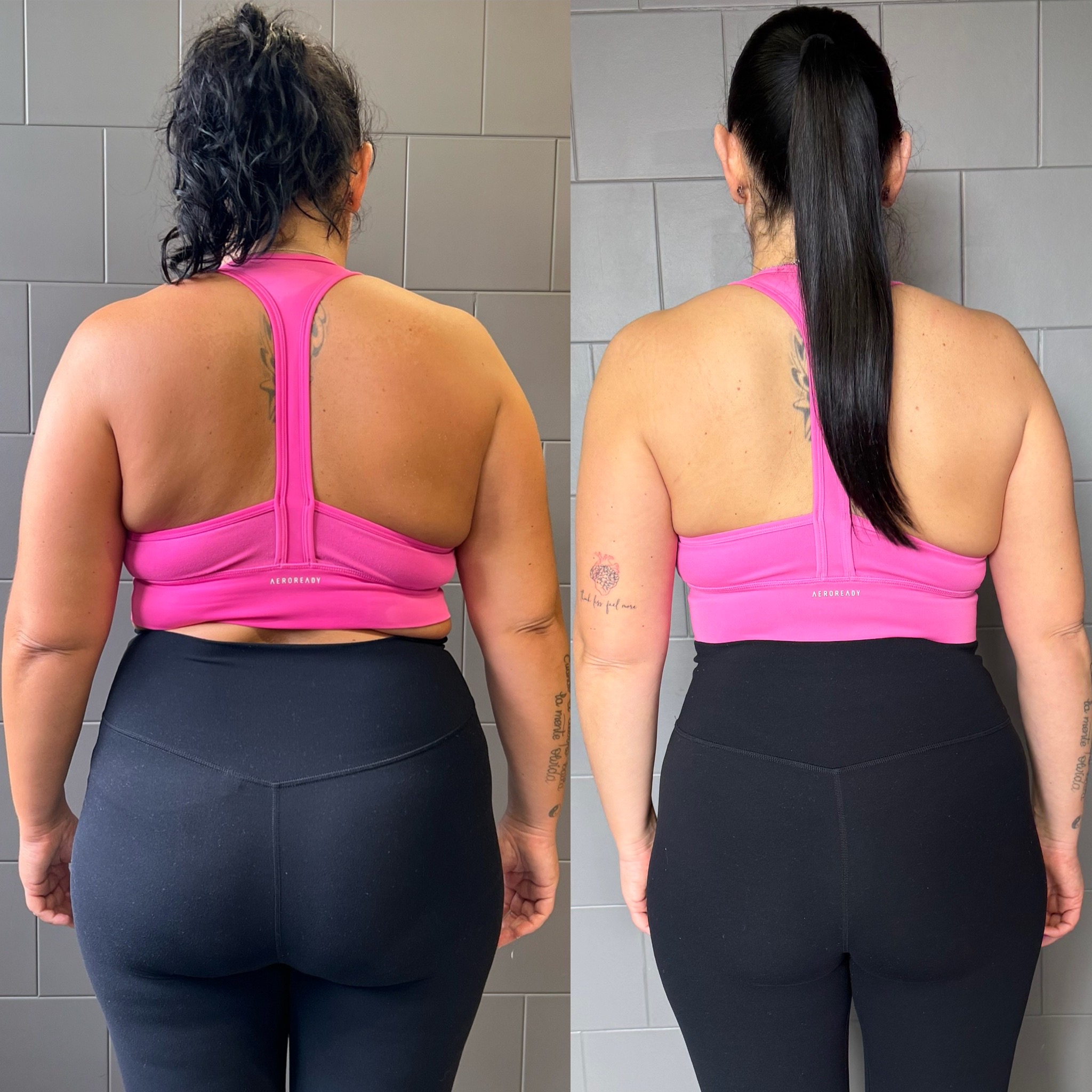 Transformación física de una clienta real, antes y después, vista de espalda